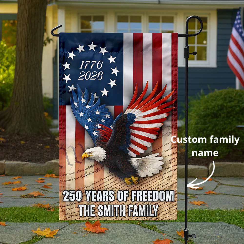 Custom Family Name 250 Years of Freedom 1776-2026 Patriotic Eagle Garden Flag