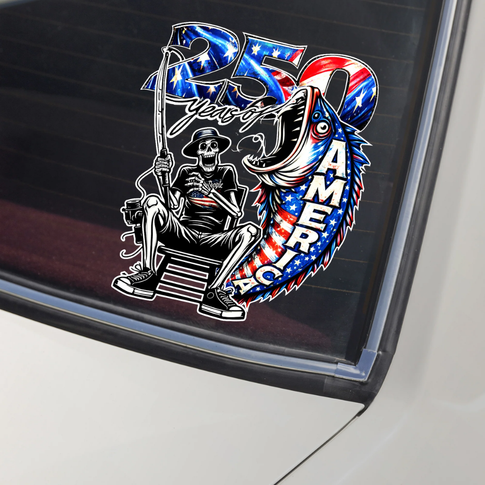 250 Years of Freedom America Fishing - Patriotic Bass Fisherman Car Window Decal Sticker