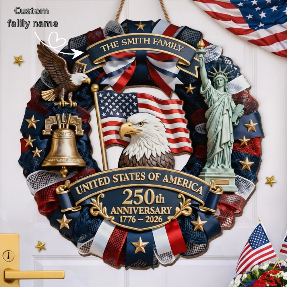 Custom Wood Sign - Personalized America 250th Anniversary Gifts For Mom, Dad, Brother, Sister, Kids - Family Forever United
