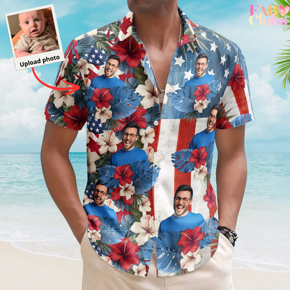 American Flag Tropical Independence Day Vintage Aloha - Custom Photo Hawaiian Shirts
