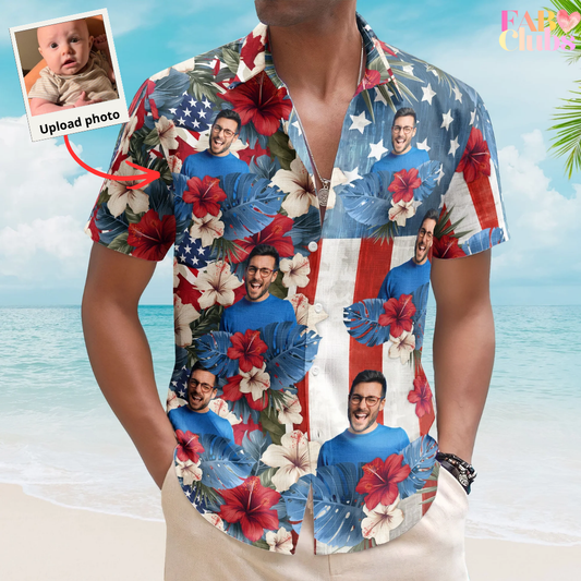 American Flag Tropical Independence Day Vintage Aloha - Custom Photo Hawaiian Shirts
