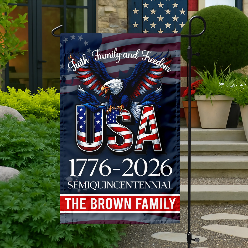 Custom Name Faith, Family & Freedom America 250 Years Patriotic Garden Flag