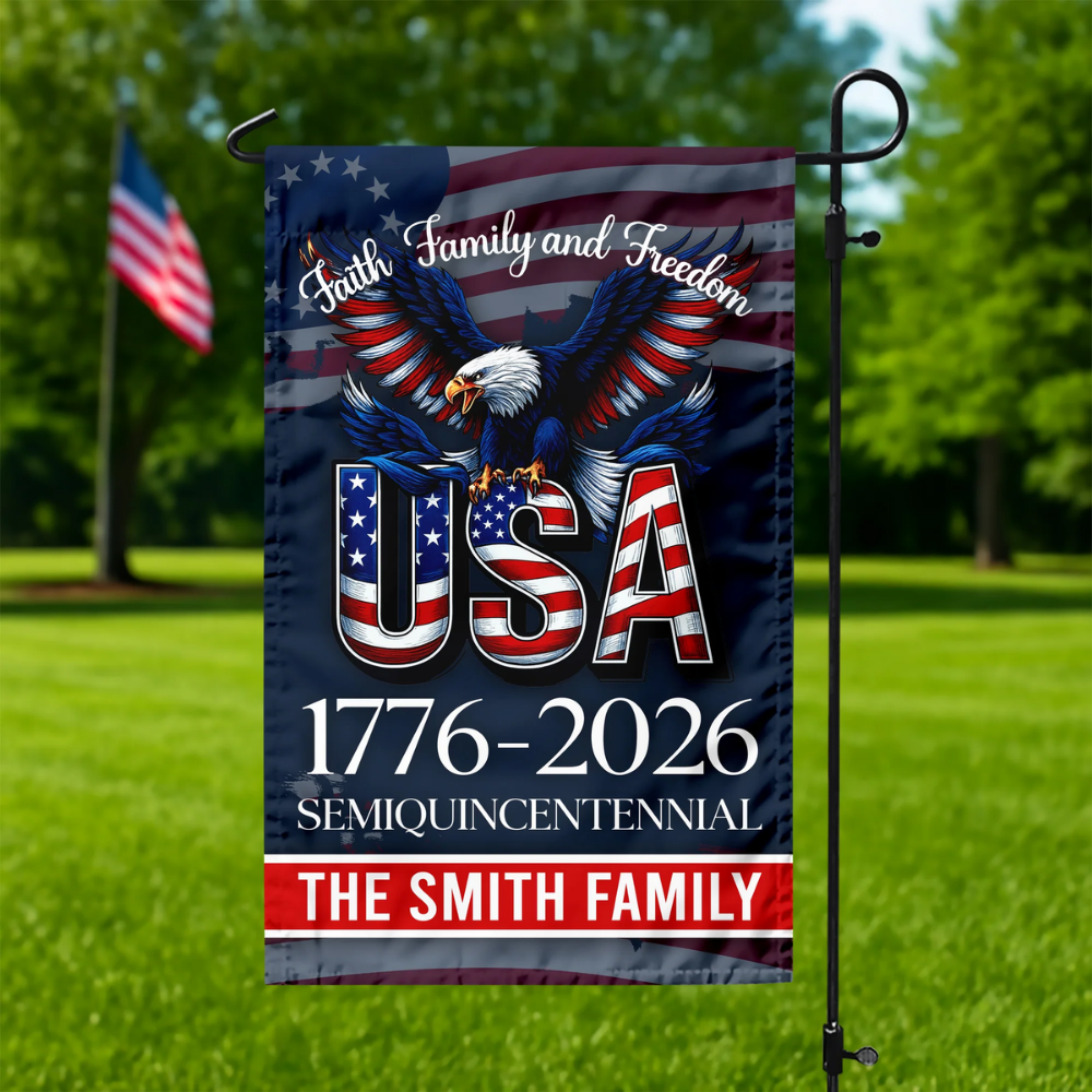 Custom Name Faith, Family & Freedom America 250 Years Patriotic Garden Flag