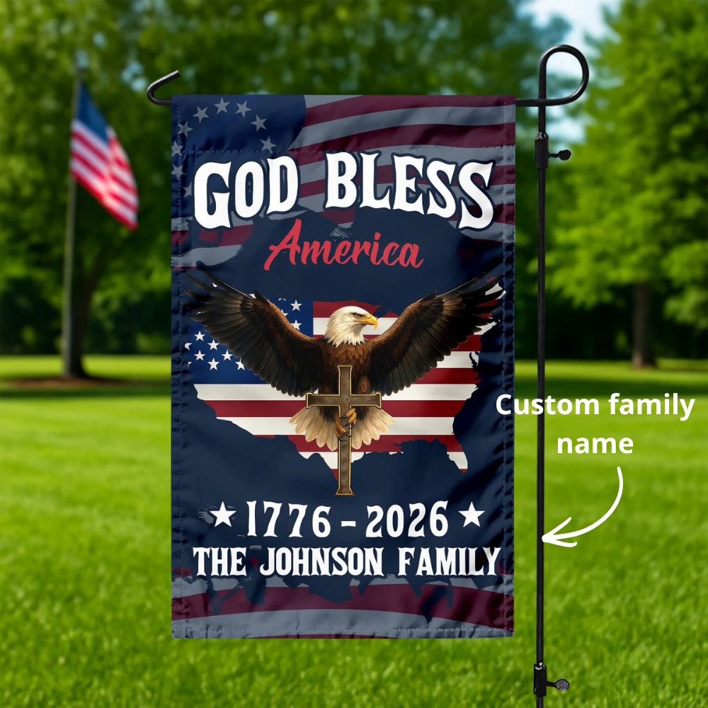 Custom Family Name Patriotic 250th Anniversary God Bless America Eagle 1776–2026 Garden Flag