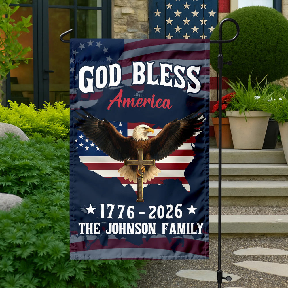 Custom Family Name Patriotic 250th Anniversary God Bless America Eagle 1776–2026 Garden Flag