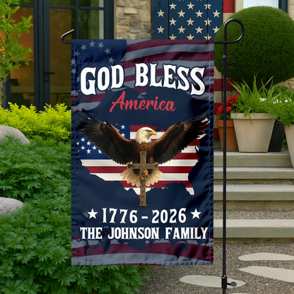 Custom Family Name Patriotic 250th Anniversary God Bless America Eagle 1776–2026 Garden Flag