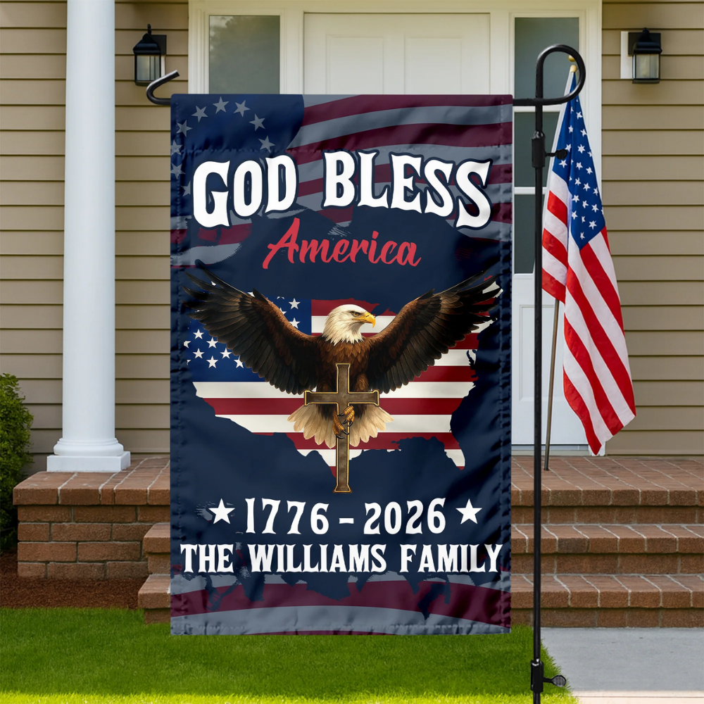 Custom Family Name Patriotic 250th Anniversary God Bless America Eagle 1776–2026 Garden Flag