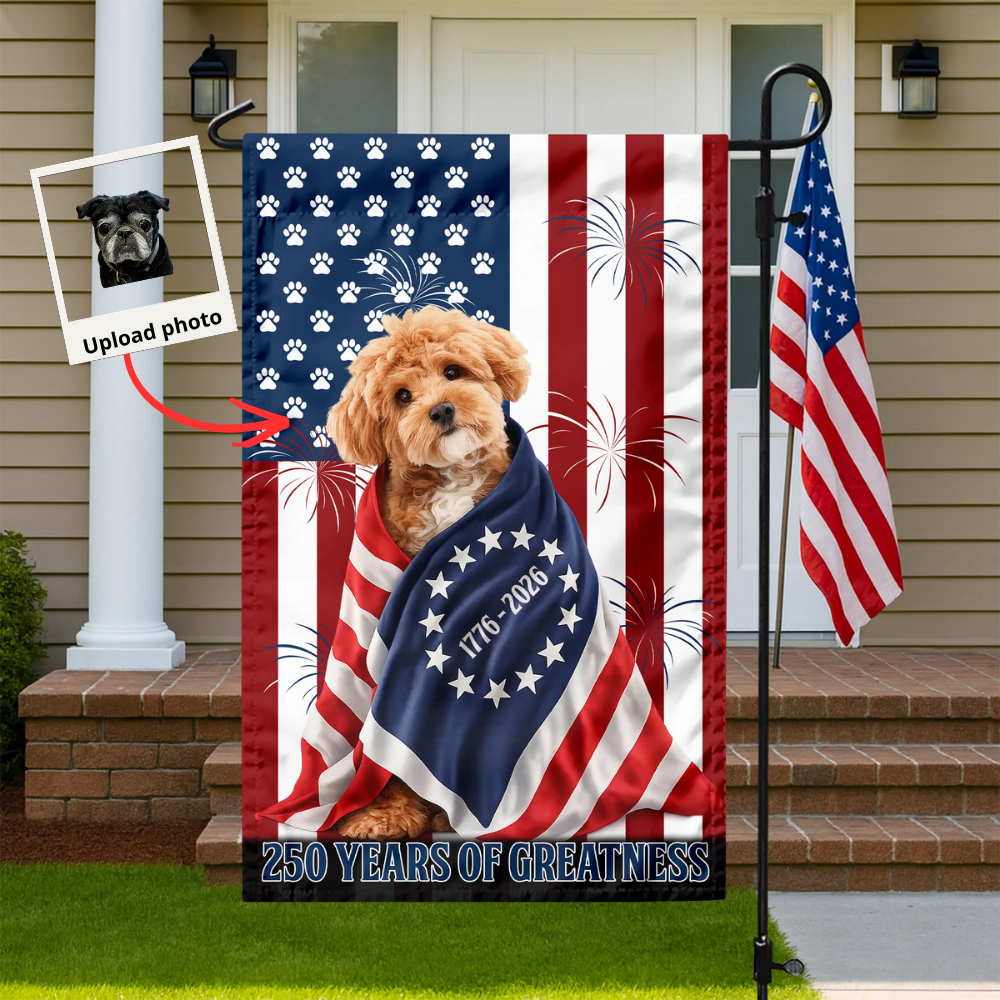 Custom Photo My Dog, Cat Loves America 250 Patriotic Garden Flag