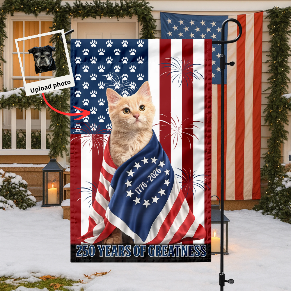 Custom Photo My Dog, Cat Loves America 250 Patriotic Garden Flag