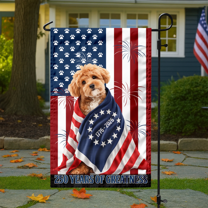 Custom Photo My Dog, Cat Loves America 250 Patriotic Garden Flag