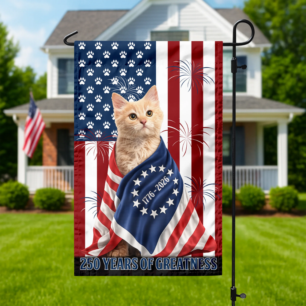 Custom Photo My Dog, Cat Loves America 250 Patriotic Garden Flag