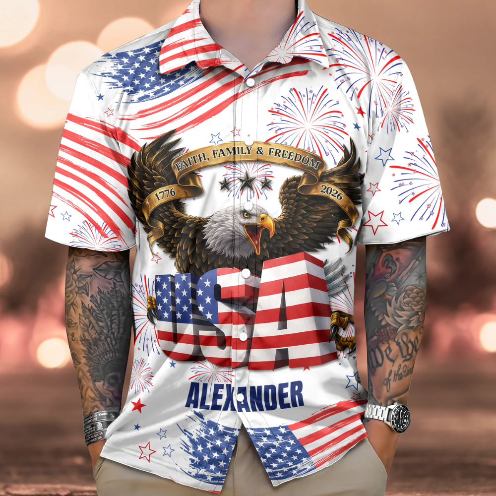 Custom Name Happy Independence's Day USA Eagle Faith, Family & Freedom 3D Hawaii Shirt