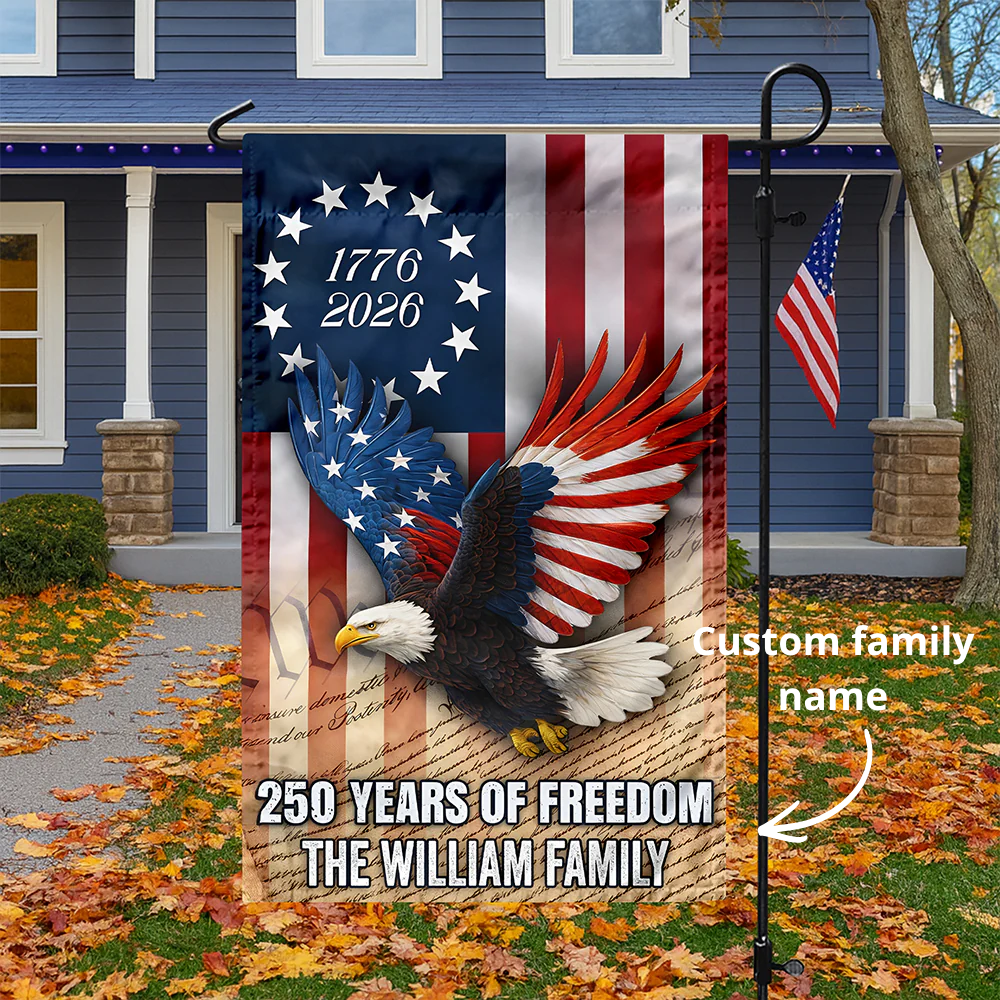 Custom Family Name 250 Years of Freedom 1776-2026 Patriotic Eagle Garden Flag
