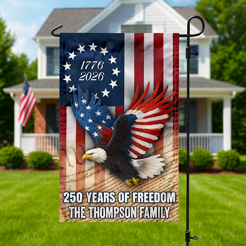 Custom Family Name 250 Years of Freedom 1776-2026 Patriotic Eagle Garden Flag