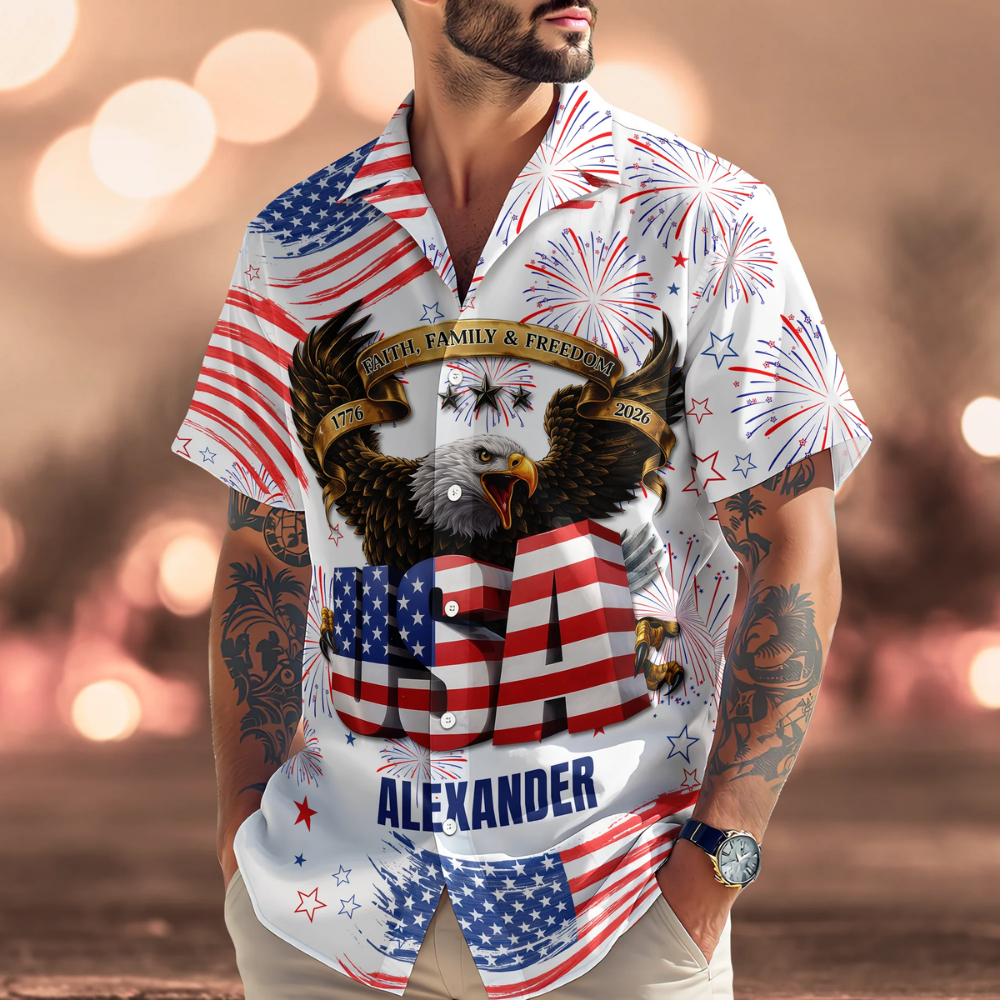 Custom Name Happy Independence's Day USA Eagle Faith, Family & Freedom 3D Hawaii Shirt