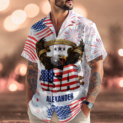 Custom Name Happy Independence's Day USA Eagle Faith, Family & Freedom 3D Hawaii Shirt