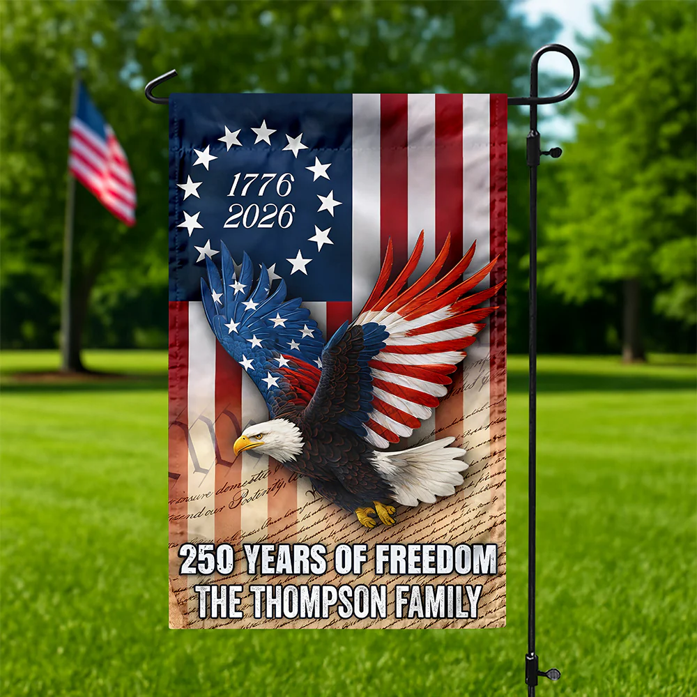 Custom Family Name 250 Years of Freedom 1776-2026 Patriotic Eagle Garden Flag