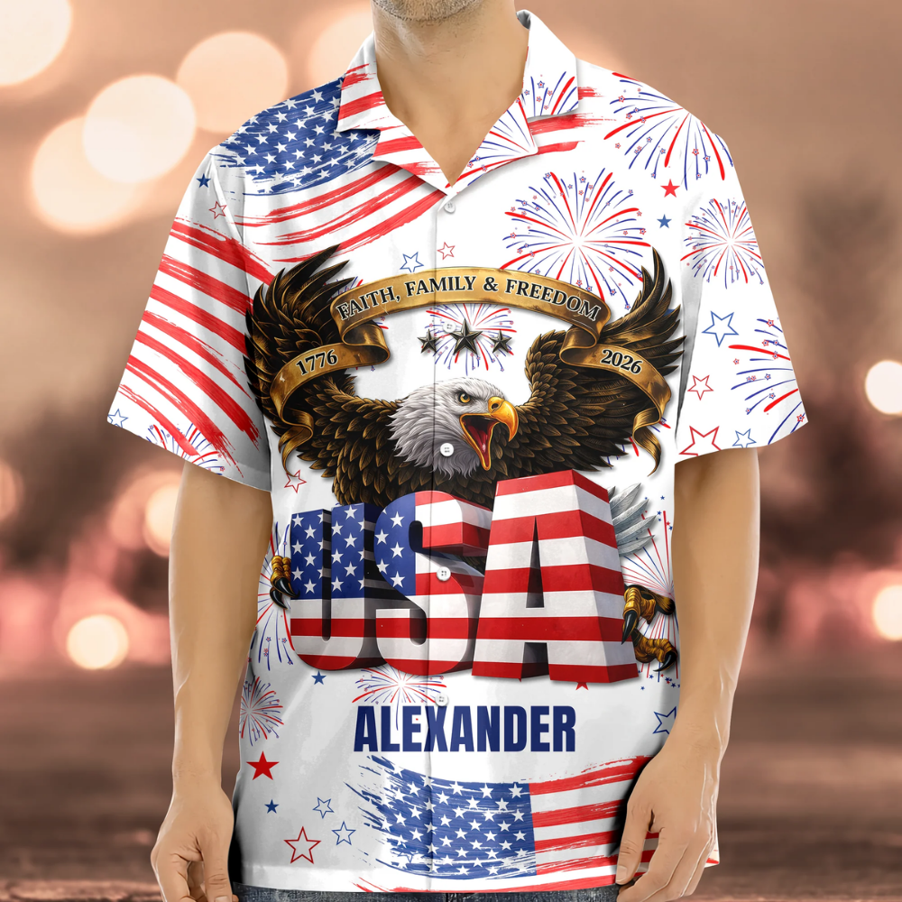 Custom Name Happy Independence's Day USA Eagle Faith, Family & Freedom 3D Hawaii Shirt