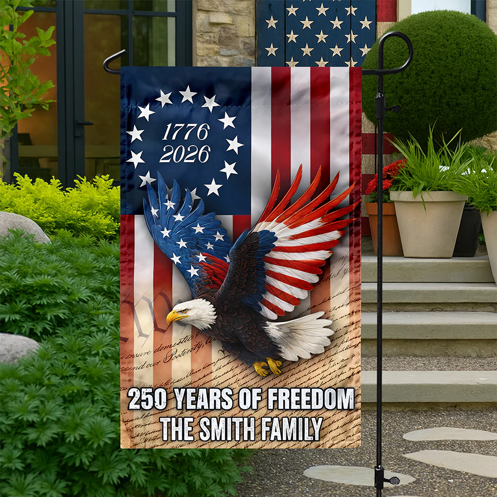 Custom Family Name 250 Years of Freedom 1776-2026 Patriotic Eagle Garden Flag