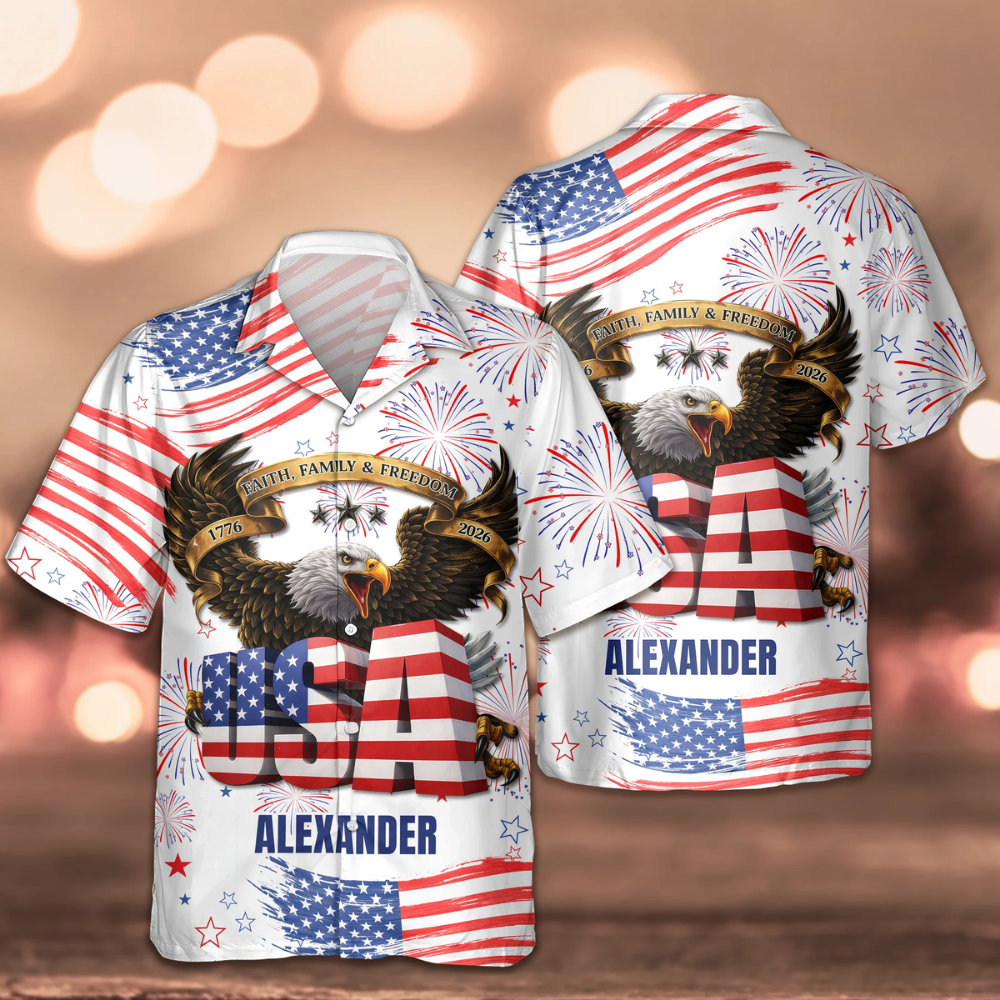 Custom Name Happy Independence's Day USA Eagle Faith, Family & Freedom 3D Hawaii Shirt