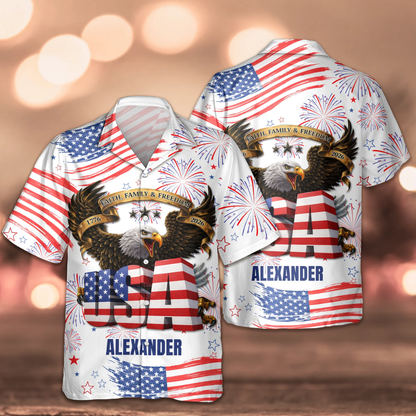 Custom Name Happy Independence's Day USA Eagle Faith, Family & Freedom 3D Hawaii Shirt