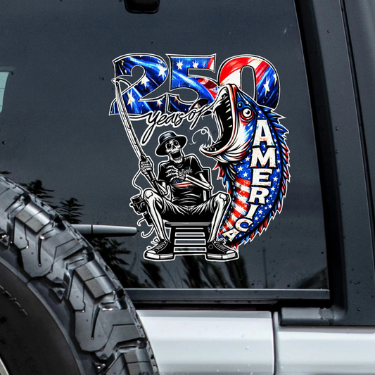 250 Years of Freedom America Fishing - Patriotic Bass Fisherman Car Window Decal Sticker