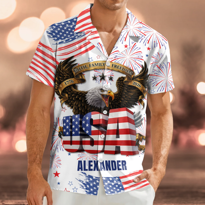 Custom Name Happy Independence's Day USA Eagle Faith, Family & Freedom 3D Hawaii Shirt