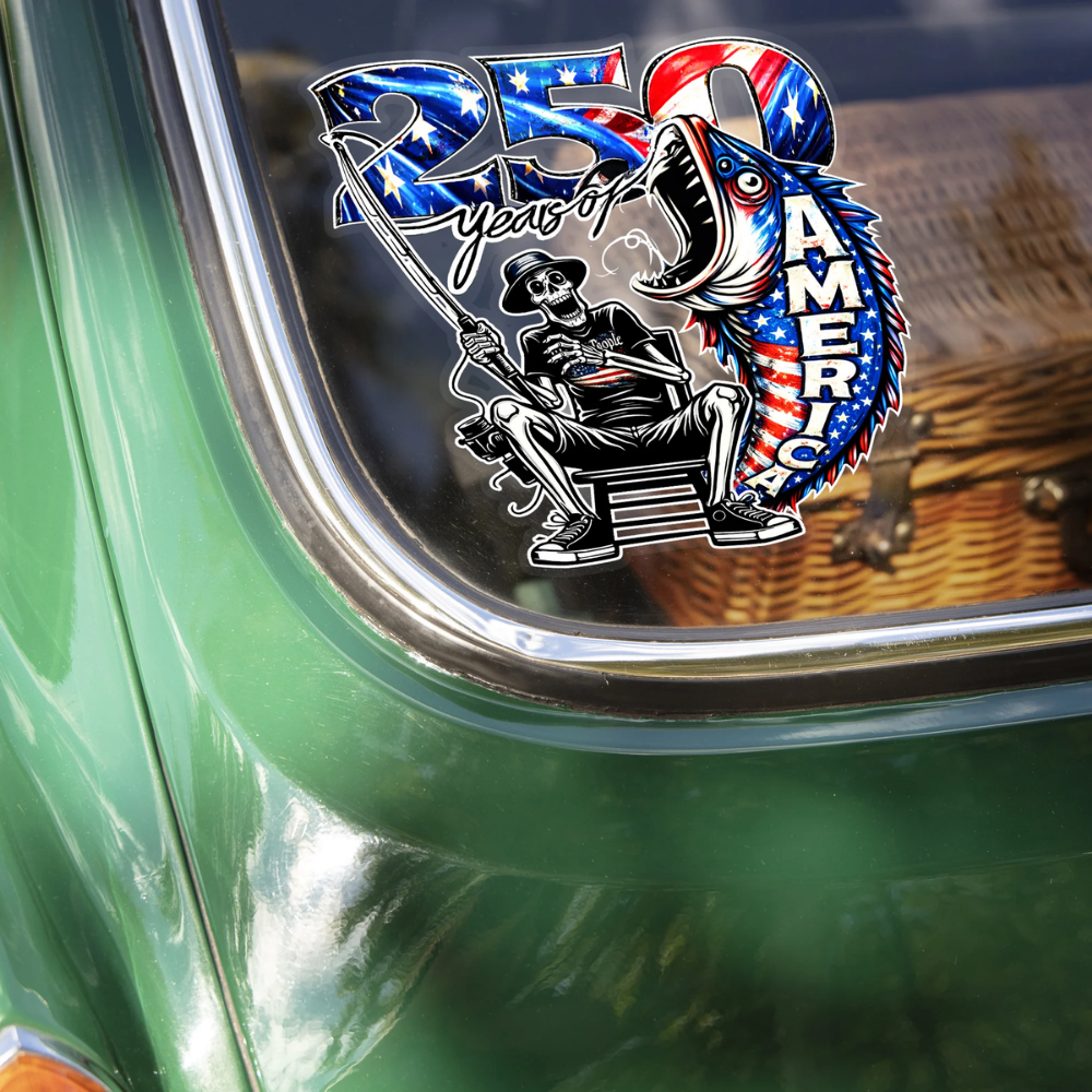250 Years of Freedom America Fishing - Patriotic Bass Fisherman Car Window Decal Sticker