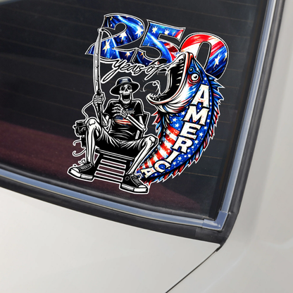250 Years of Freedom America Fishing - Patriotic Bass Fisherman Car Window Decal Sticker