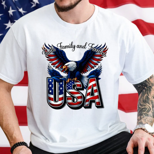 Faith, Family & Freedom America 250 Years Patriotic Bright Shirt