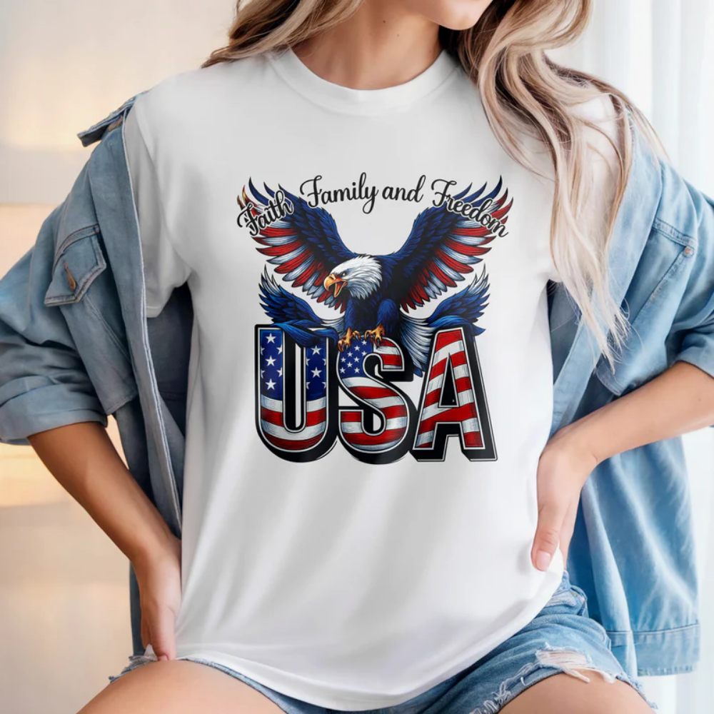 Faith, Family & Freedom America 250 Years Patriotic Bright Shirt