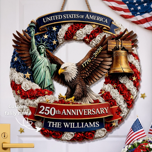Custom Wood Sign - Personalized America 250th Anniversary - Proud Hearts Rise Together