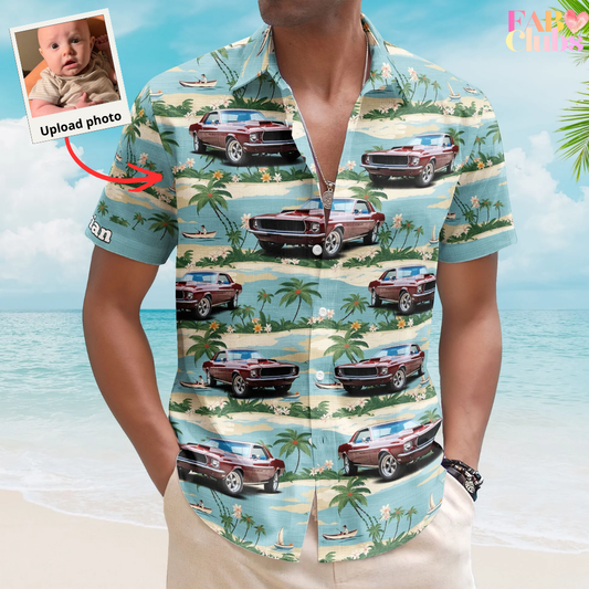 Custom Car Photo Beach Palm Tree Vintage Aloha Shirts - Custom Photo Hawaiian Shirts