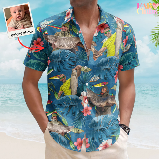 Custom Photo Fishing Bass Fish For Men, Husband - Custom Photo Hawaiian Shirt