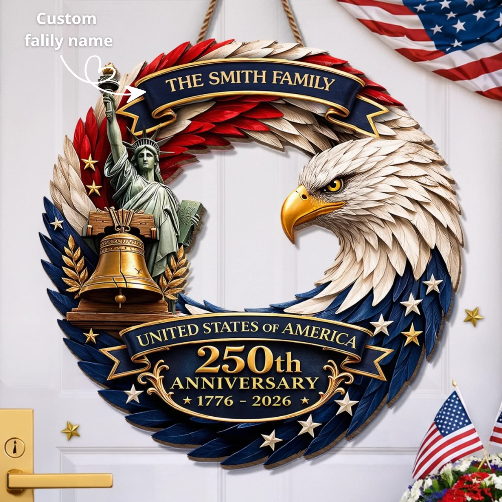 Custom Wood Sign - Personalized America 250th Anniversary Gifts For Mom, Dad, Brother, Sister, Kids - Bald Eagle Patriotic