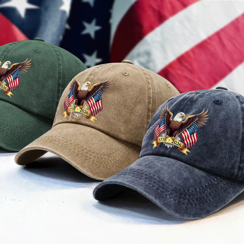 American Eagle and US Flag 250th Birthday USA Washed Denim Baseball Cap