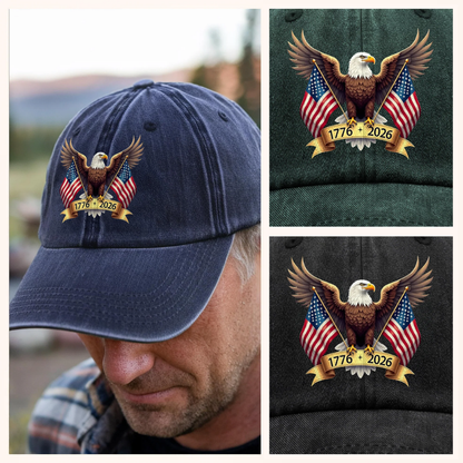 American Eagle and US Flag 250th Birthday USA Washed Denim Baseball Cap