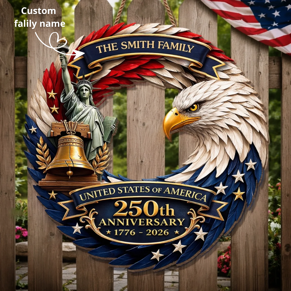 Custom Wood Sign - Personalized America 250th Anniversary Gifts For Mom, Dad, Brother, Sister, Kids - Bald Eagle Patriotic